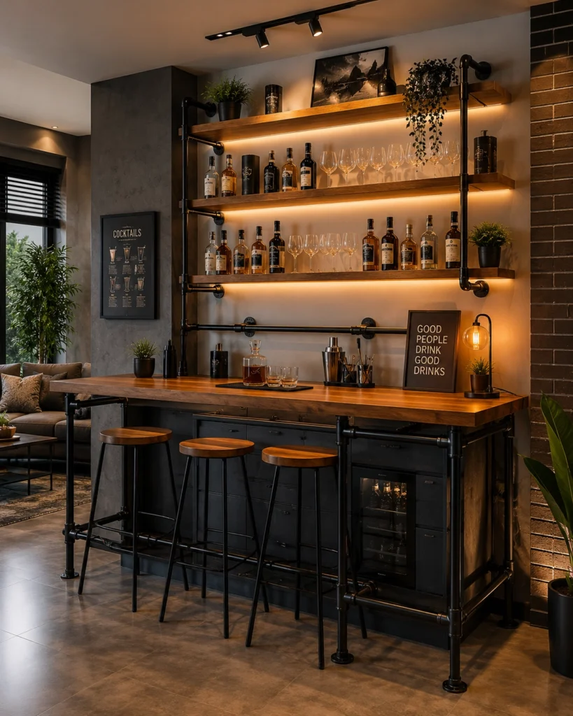 Industrial pipe and wood plank home bar counter