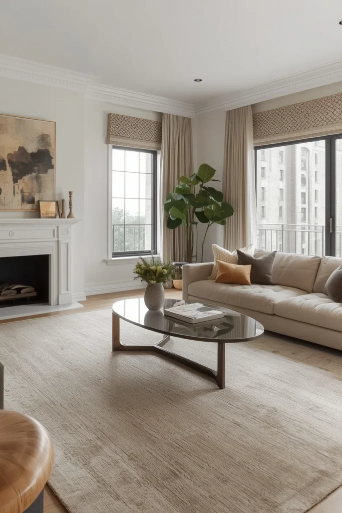 A plain neutral rug looking spacious in a living room.