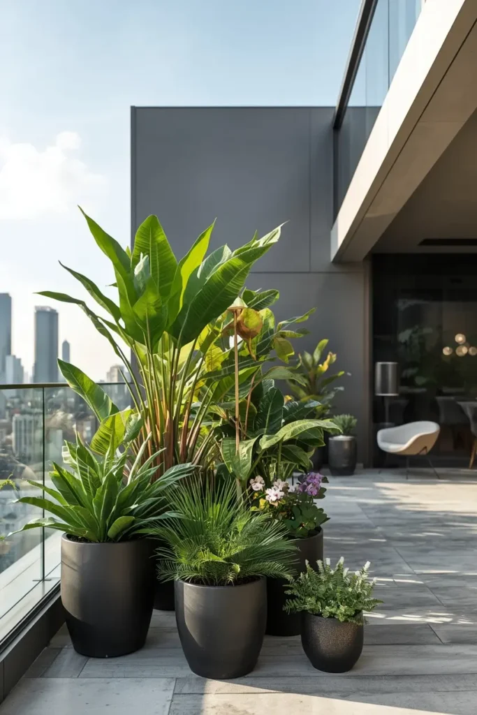 Tall olive tree and agave plants styled on modern terrace