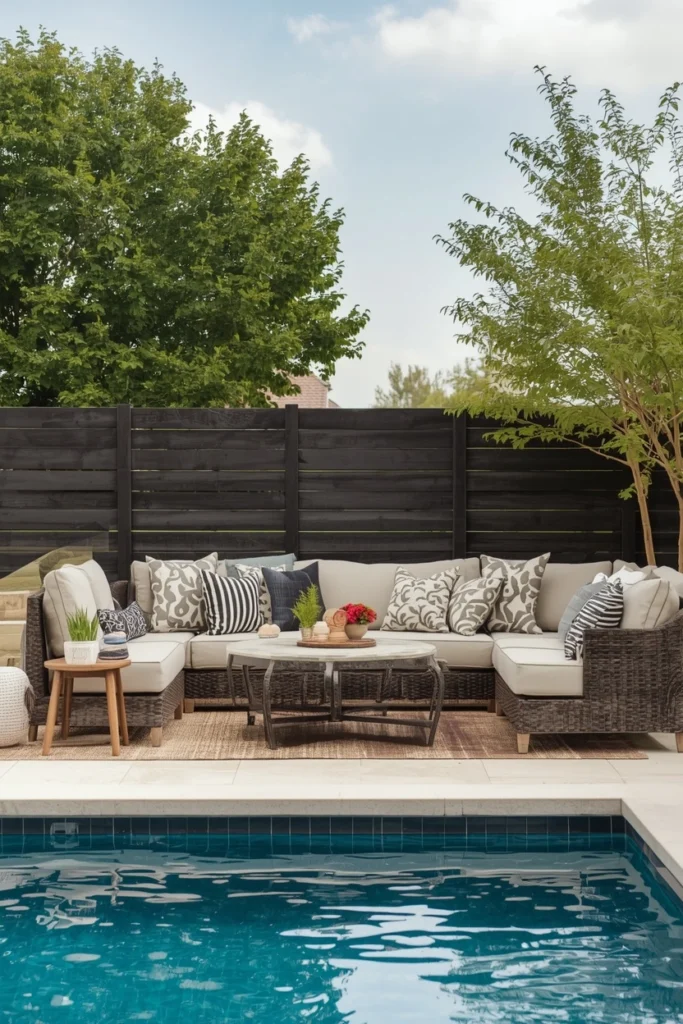 Bright quality cushions on modern poolside lounge chairs