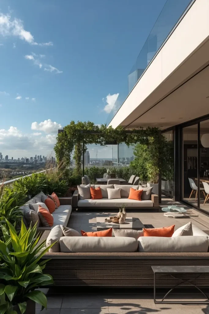Sunbrella performance fabric cushions styled on outdoor terrace sofa