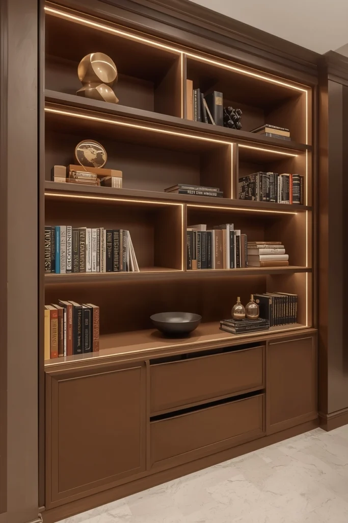 Recessed bookshelf with deep painted back wall panel.