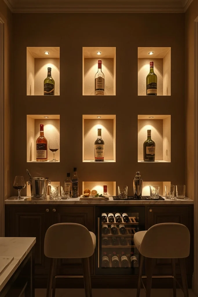 Lit recessed wall niches displaying bar bottles