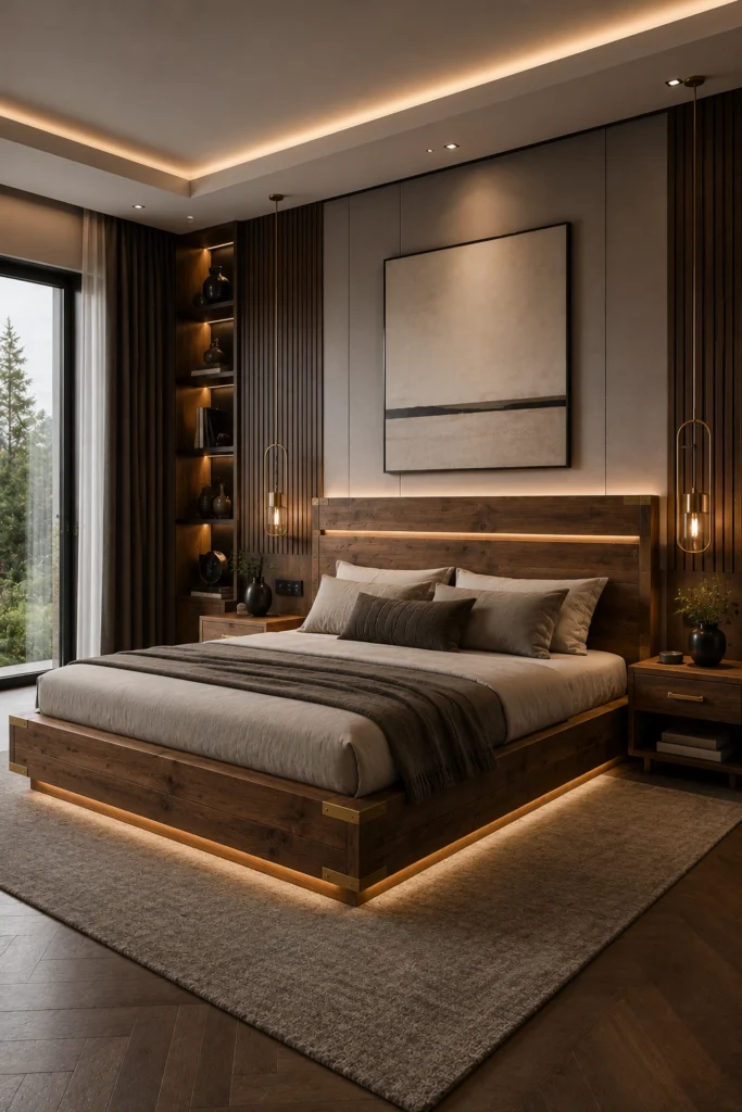 A reclaimed wood bed with brass fittings looks warm and characterful.