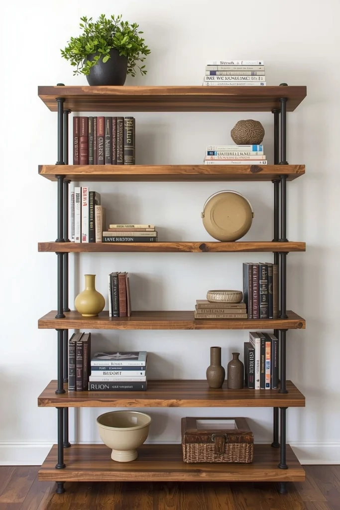 Rustic reclaimed wood bookshelf mounted against a white wall.