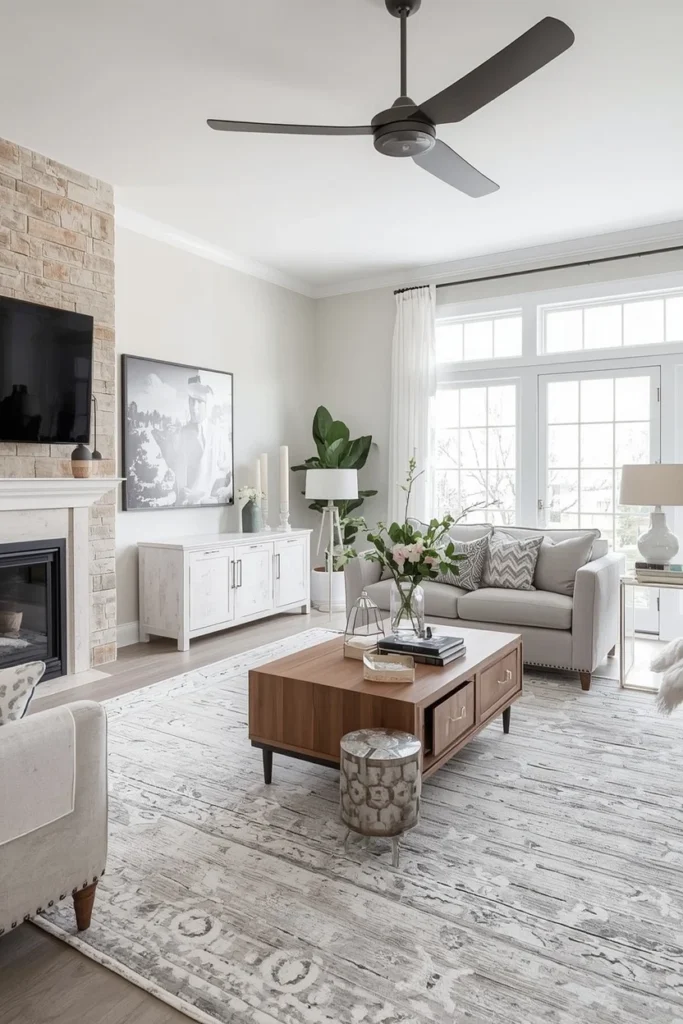 Large wool rug grounding a modern farmhouse living room