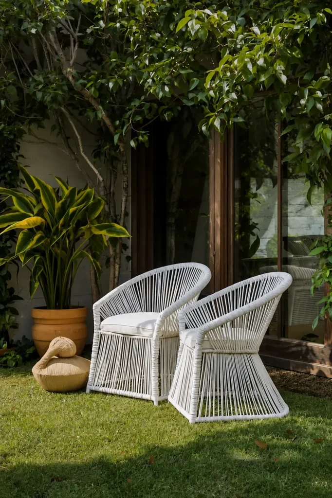 Rope weave chairs with metal frame on patio