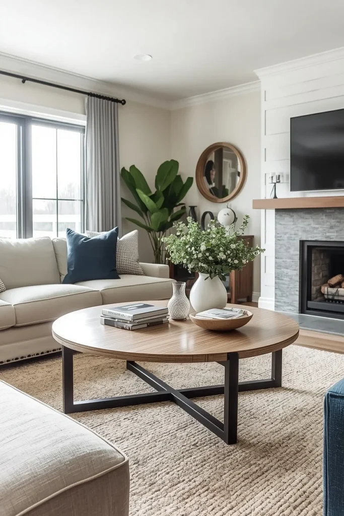 Round travertine coffee table in relaxed farmhouse room