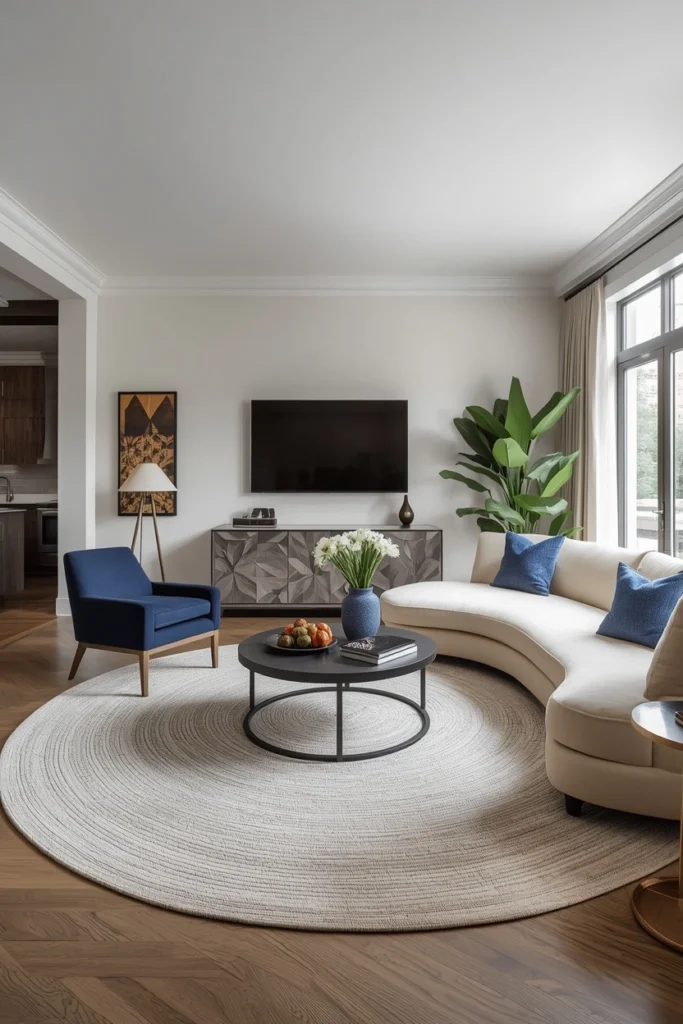 A round rug styled in a modern living room.