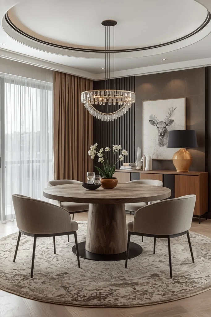 Round rug perfectly centered under round dining table
