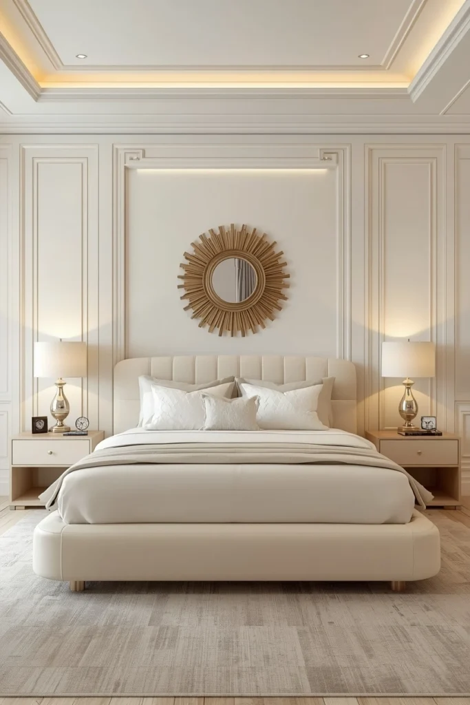 A soft cream rounded platform bed looks modern and beautifully refined.