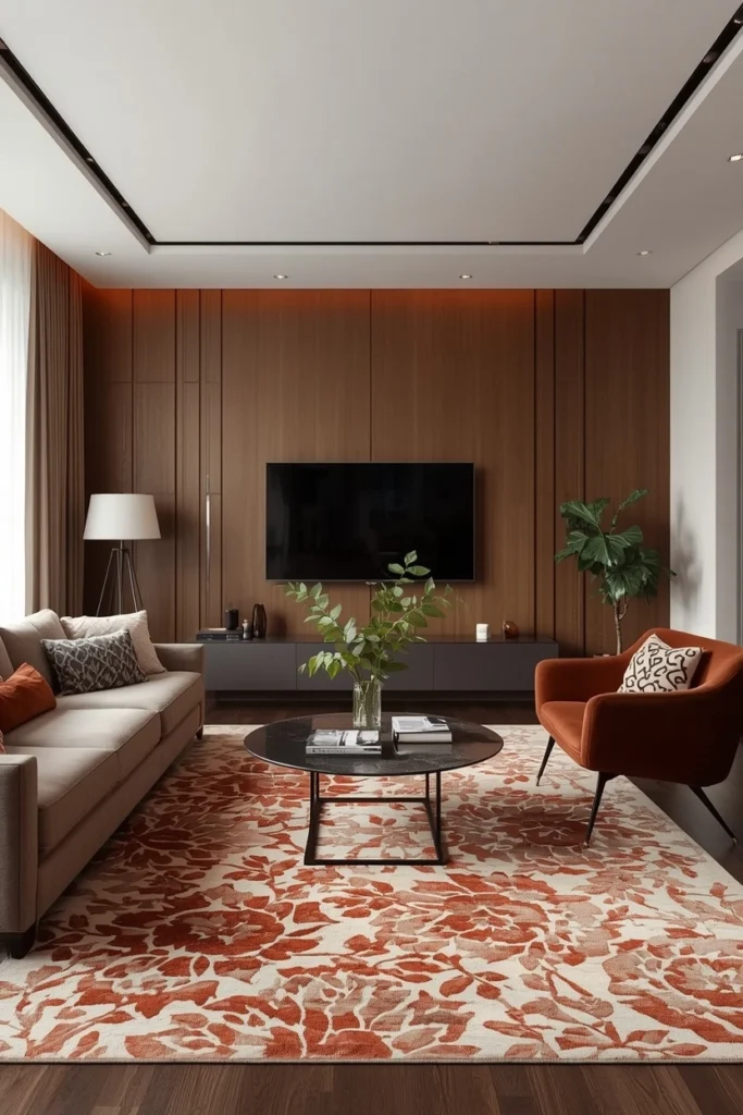 A rug perfectly matching the style of a living room.