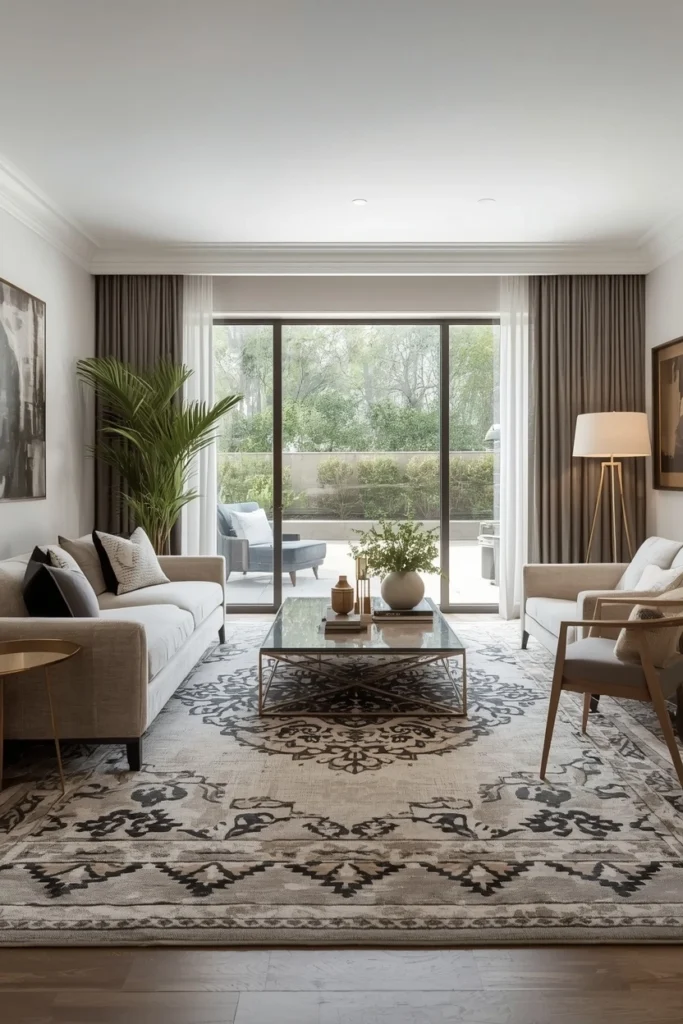 A large patterned rug placed in a spacious living room.
