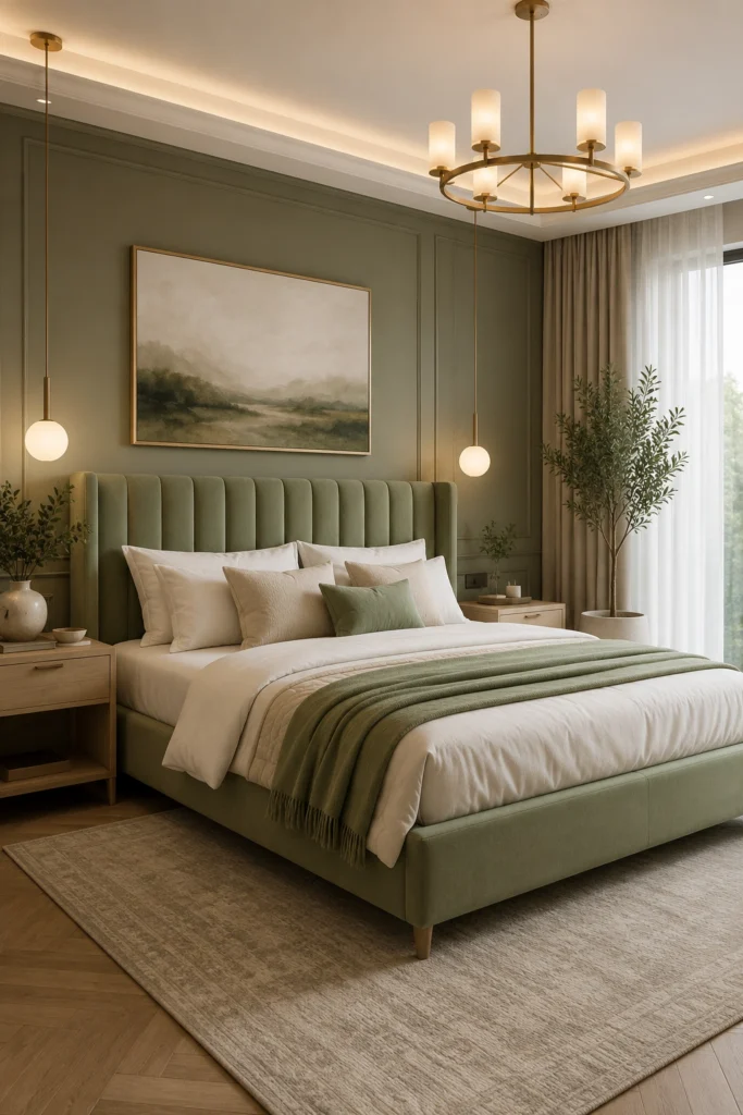 A calm sage green bed frame brings natural freshness to the bedroom.
