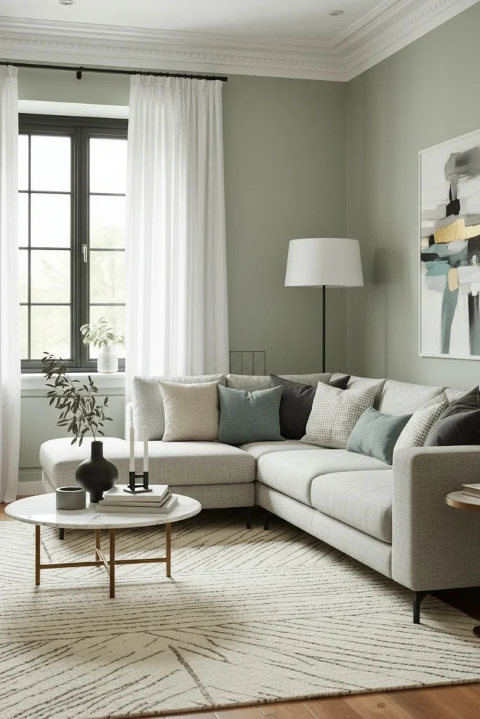 Sage green walls with raw linen furniture