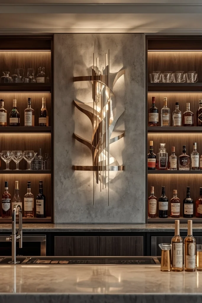 Smoked glass sculptural sconces on home bar wall