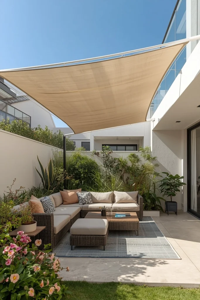 Angled shade sail canopy over small summer patio