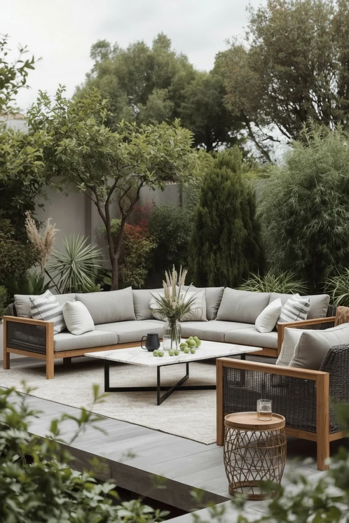 Teak garden furniture with grey cushions looks timeless outdoors.