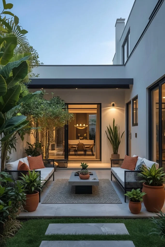 Simple terracotta and white color palette patio decor