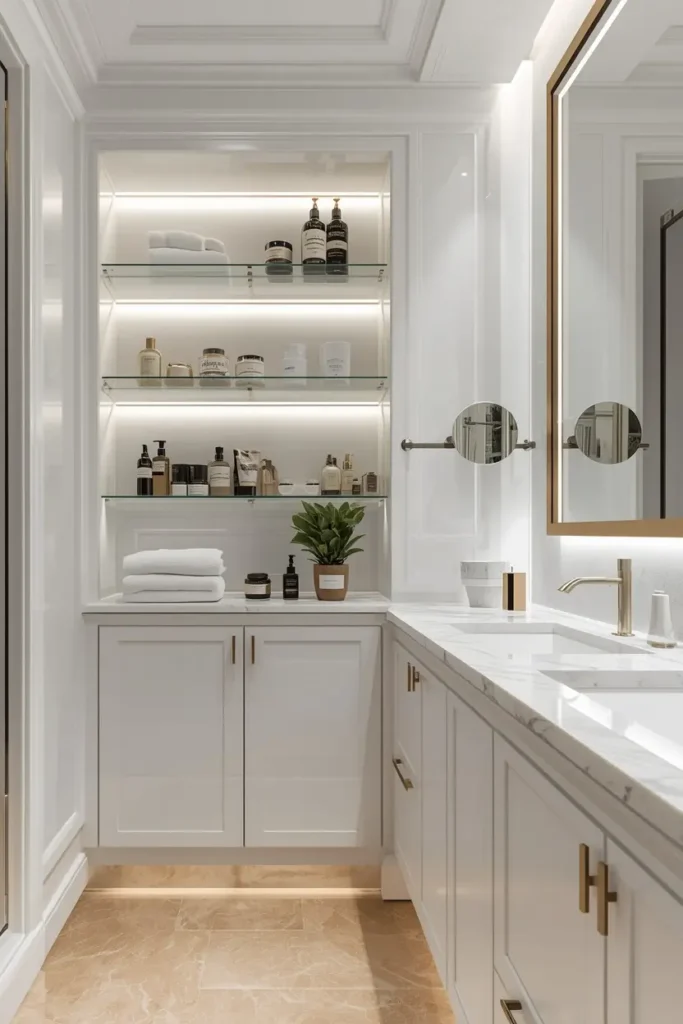 Simply styled open shelves in an organized bathroom