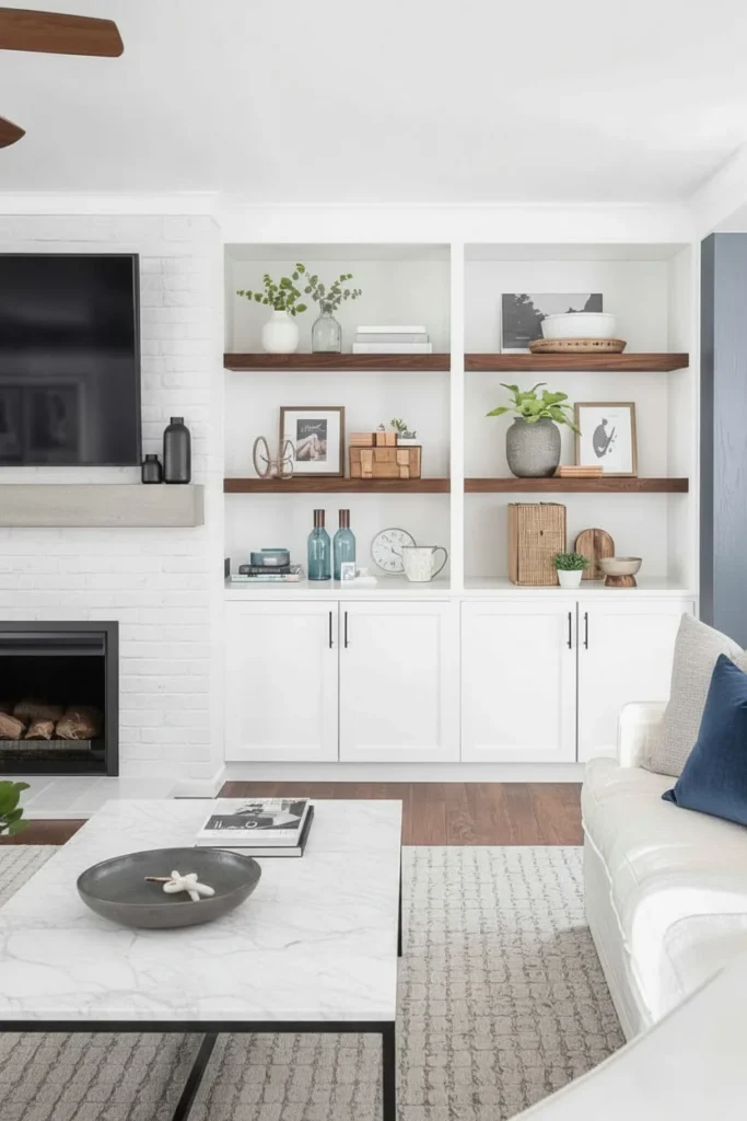 Minimally styled open shelves in modern farmhouse room