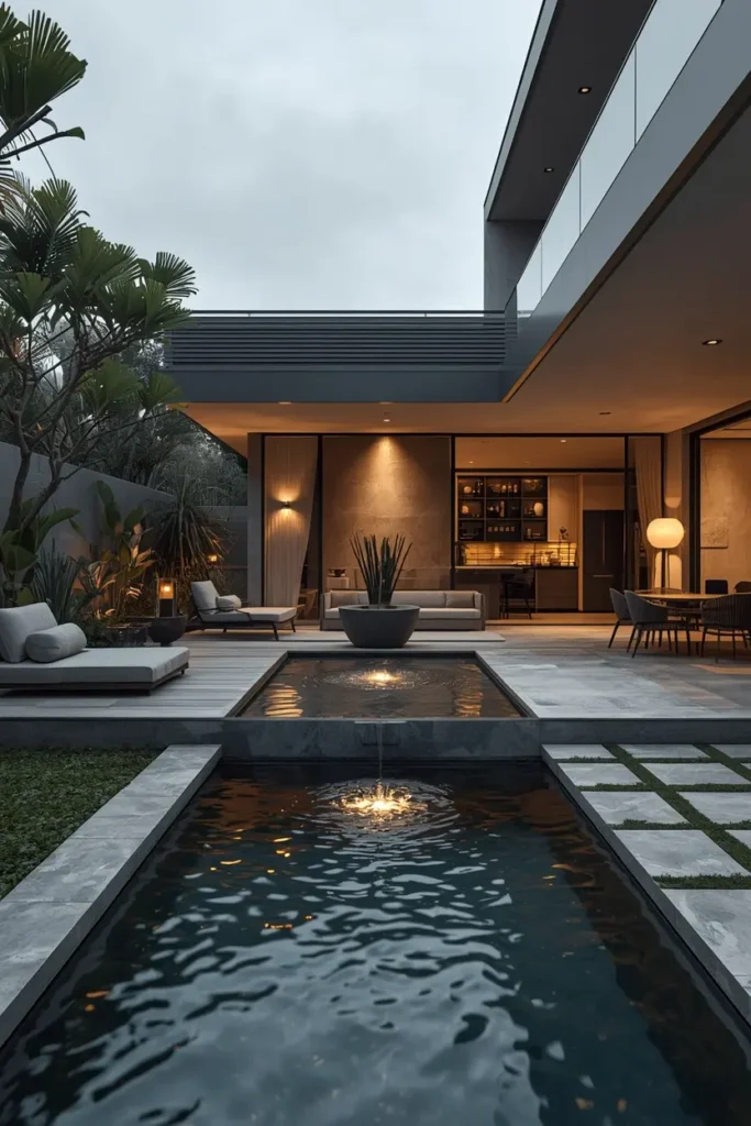 Minimalist wall spout water feature beside modern terrace seating