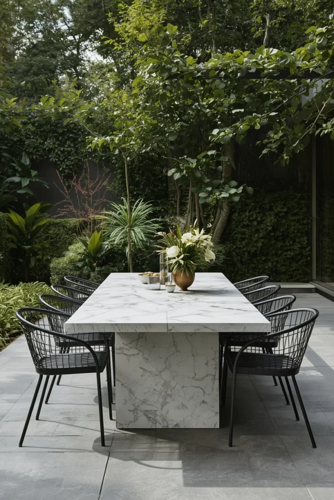 Sintered stone dining table with metal chairs outside
