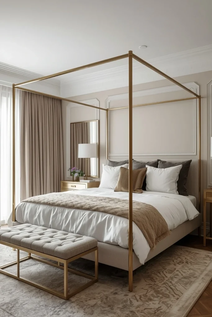 A slim gold four-poster bed looks tall and elegantly refined.