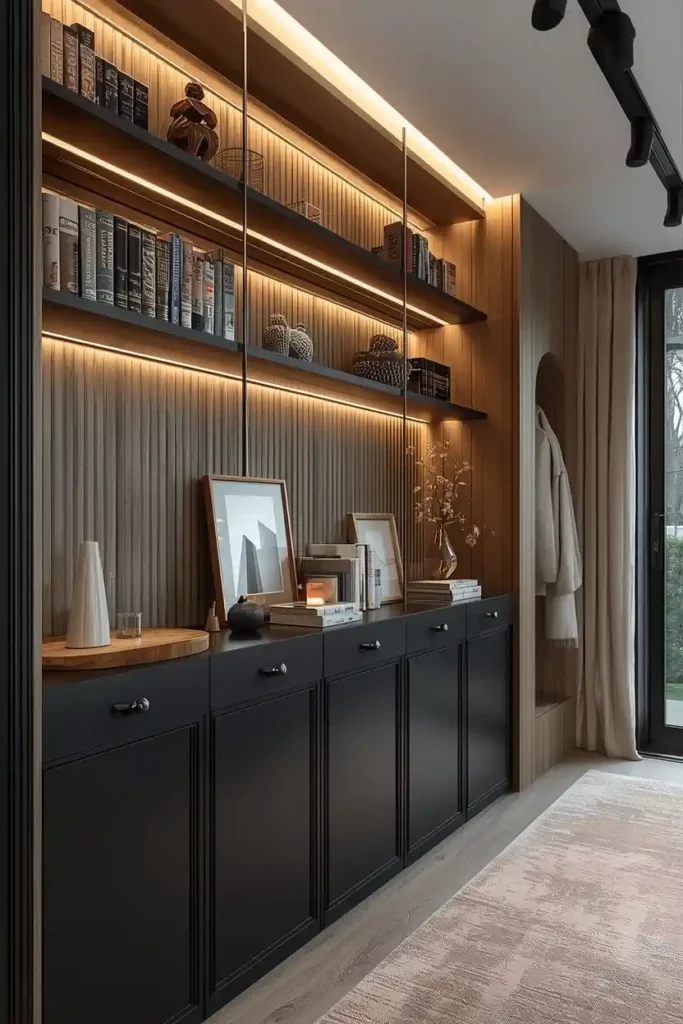 Slim hallway shelf with coat hooks mounted on wall.