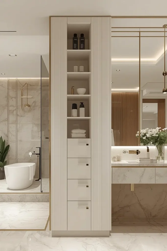 Slim tower cabinet saving space in small bathroom