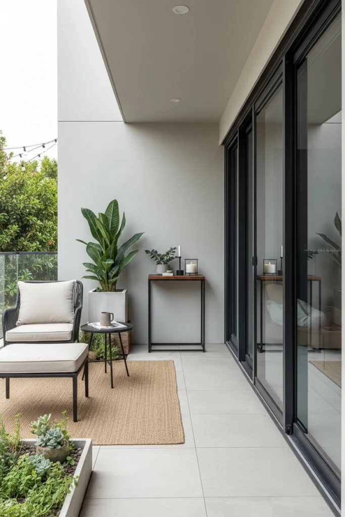 Slim wooden table against small patio wall