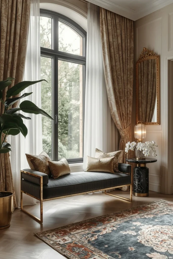 Padded bench with cushions sitting in front of window.