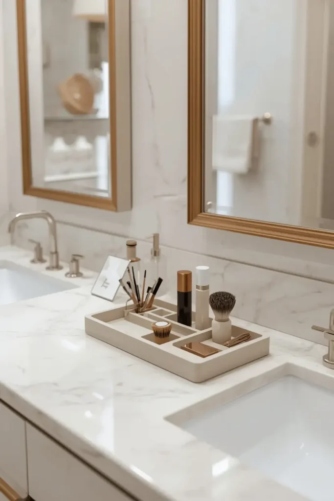 Small marble grooming tray organizing daily products on counter