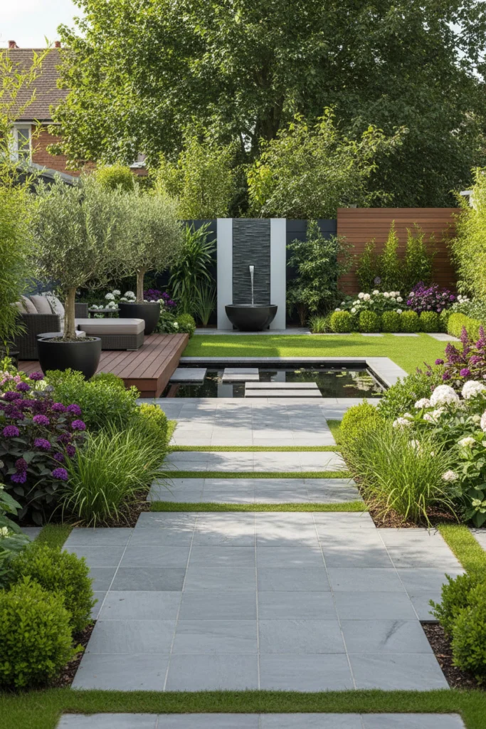 A small wall-mounted water spout adds calm to gardens.