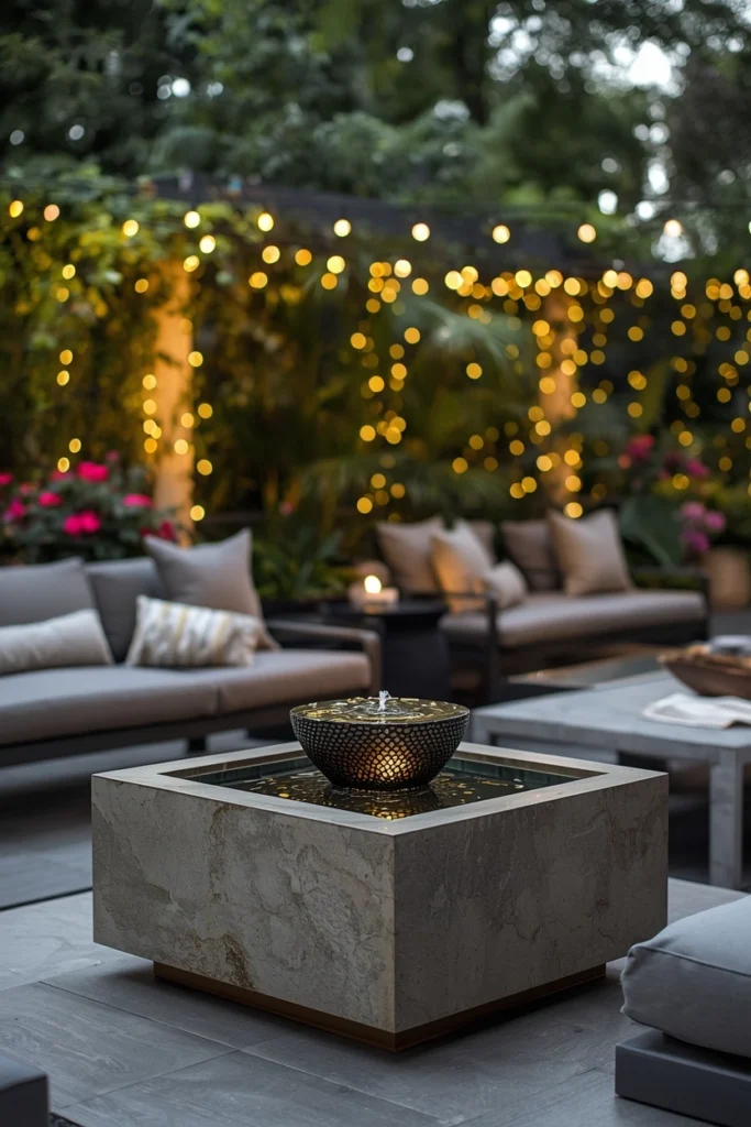 Small ceramic tabletop water fountain on patio