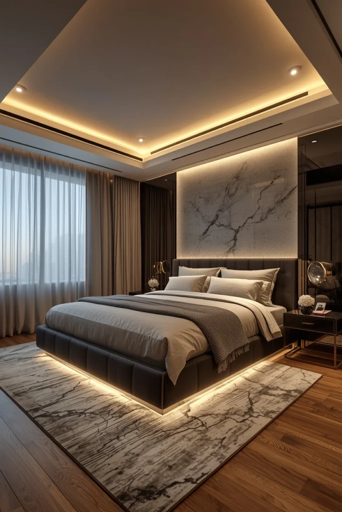 A modern smart bed includes built-in charging and adjustable base features.