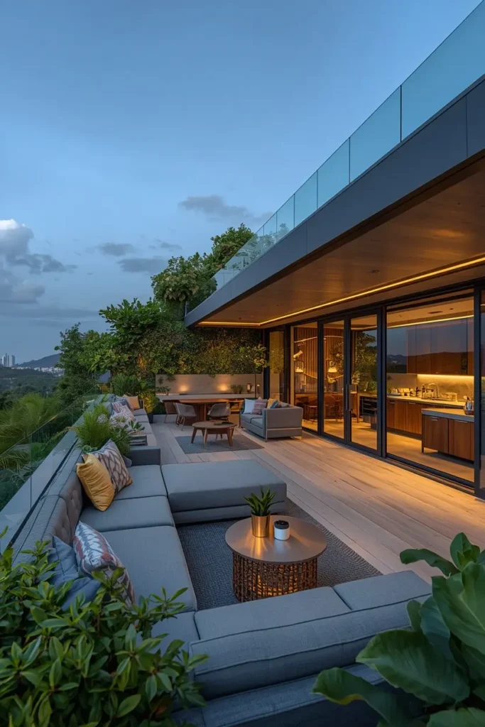 Motorized blinds smart speakers and lighting on modern terrace