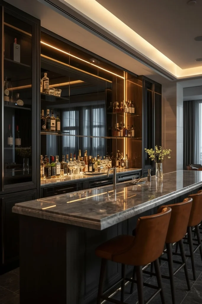 Bronze smoked glass backsplash behind bar shelves