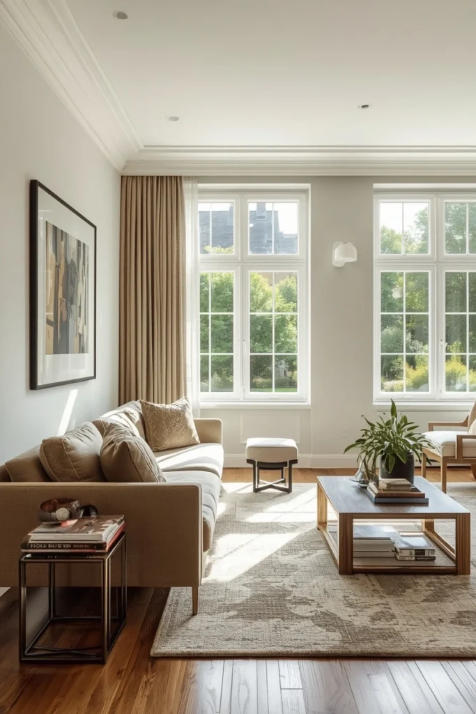 Sofa placed along the side wall near a window.