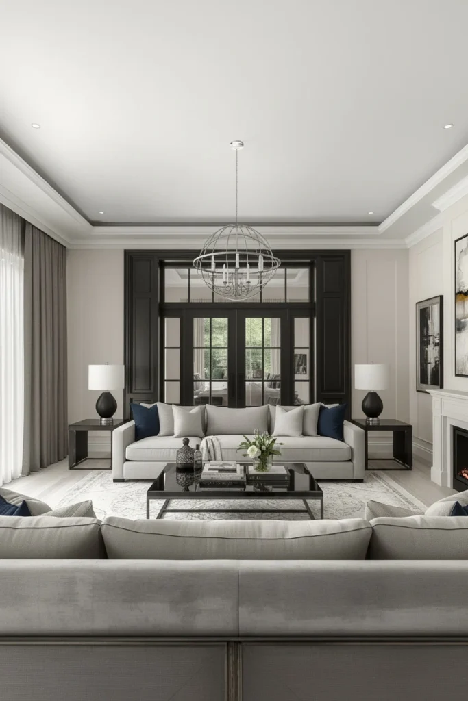 Sofa placed directly facing the main entrance door.