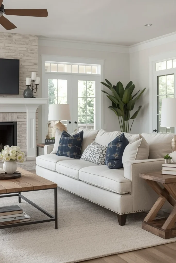 Soft bouclé sofa in neutral modern farmhouse living room