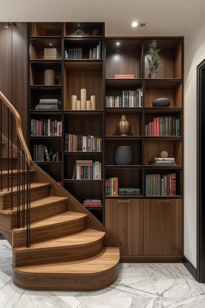 Built-in bookshelves line the wall beside a staircase.