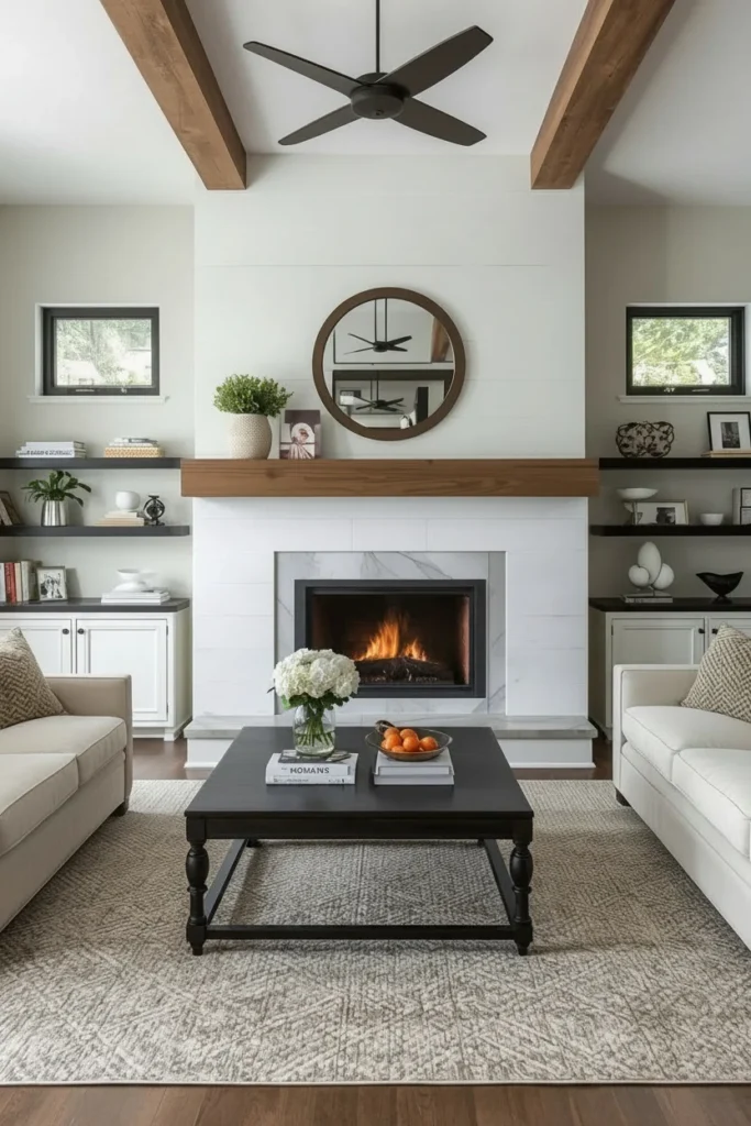 Bold white fireplace surround in modern farmhouse room