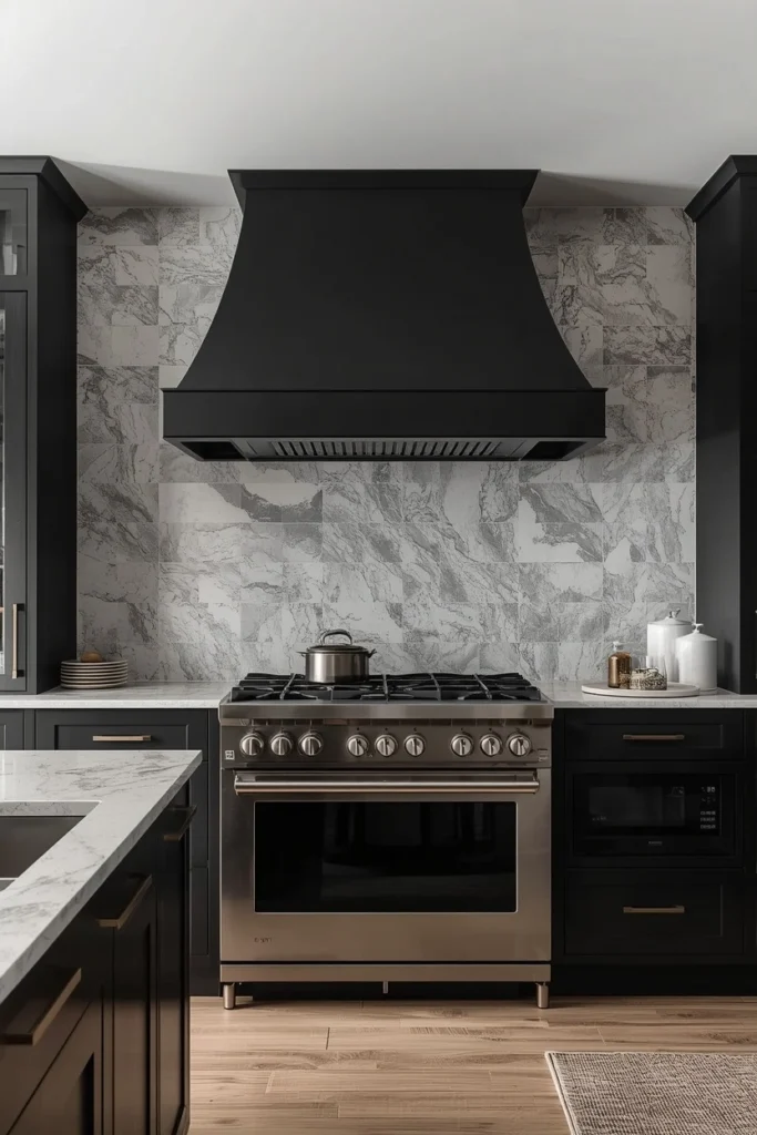 A bold curved range hood becomes a stunning kitchen focal point.