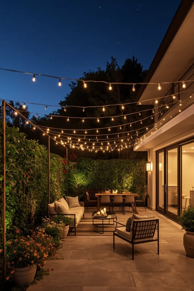 Layered string lights and candles on summer patio