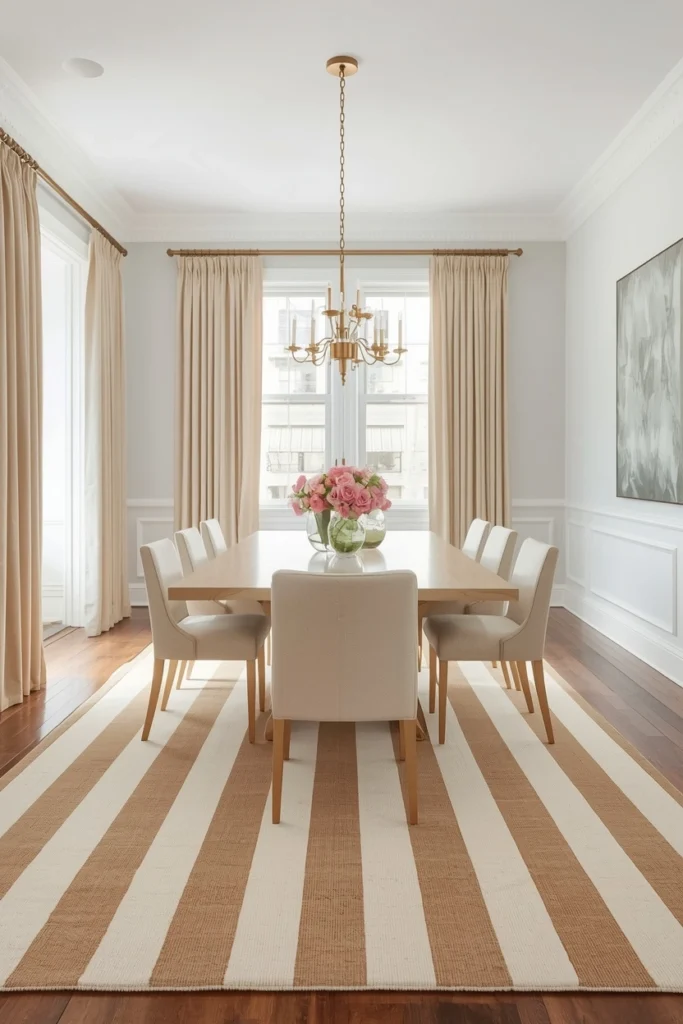 Striped cream sand rug in narrow dining room
