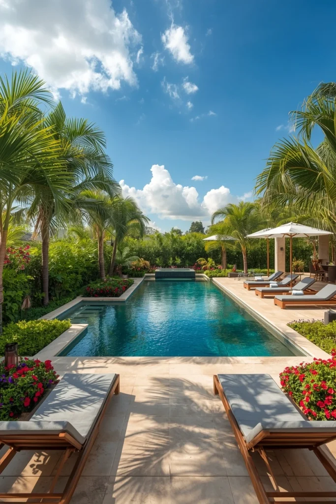 Structured tropical plants framing a modern pool