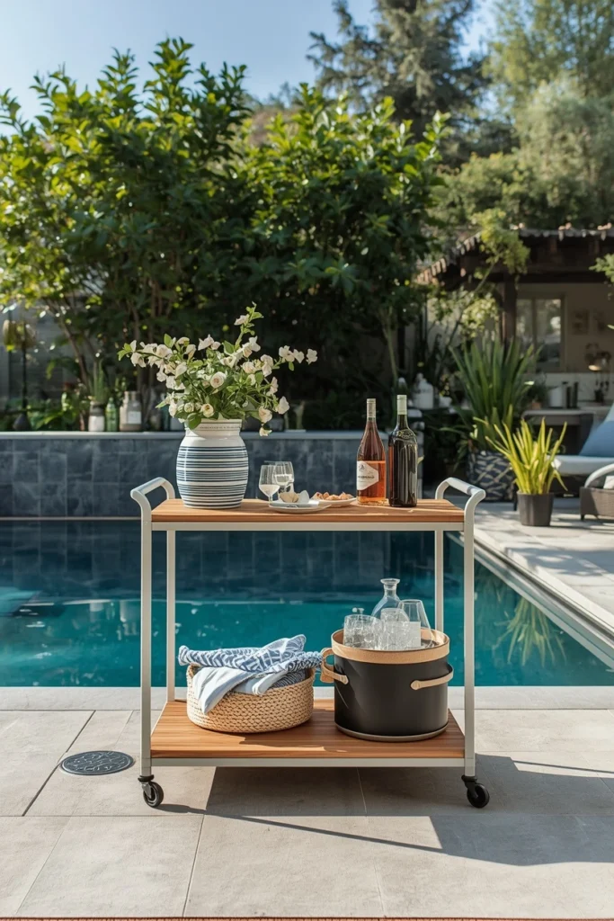 Teak wood serving cart stocked beside swimming pool