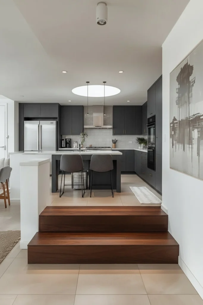 A sunken kitchen separates living spaces without using any walls.