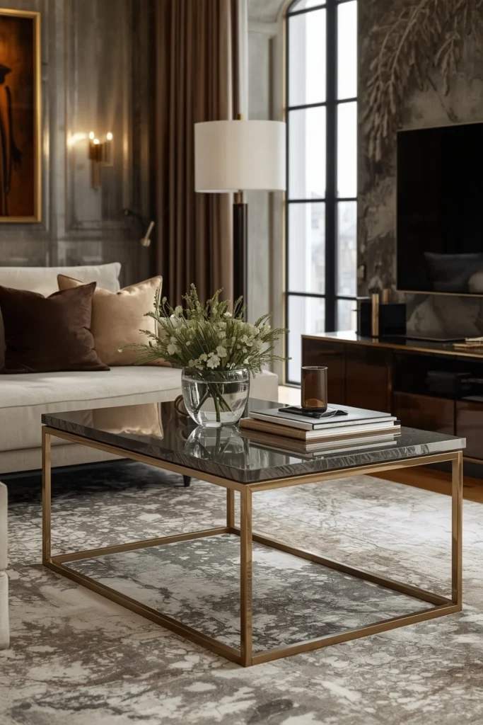 A glass coffee table keeps the living room open.